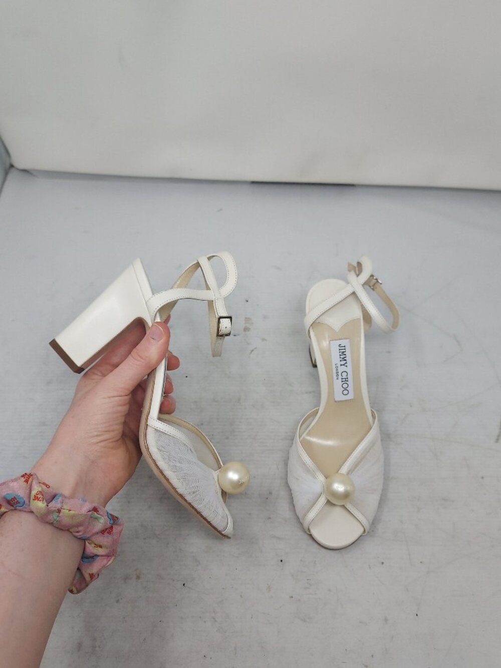 Jimmy Choo White Sacaria Bridal Wedding Tulle Pearl Ankle Strap Sandal